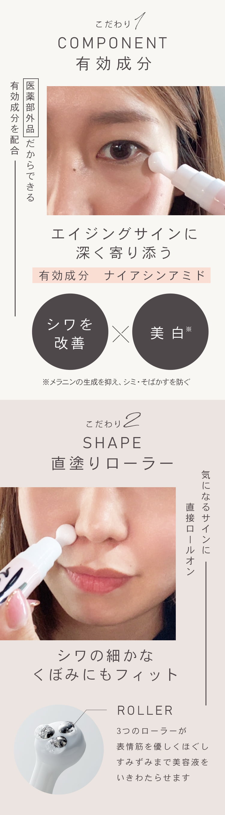 こだわり1、有効成分　こだわり2、直塗りローラー